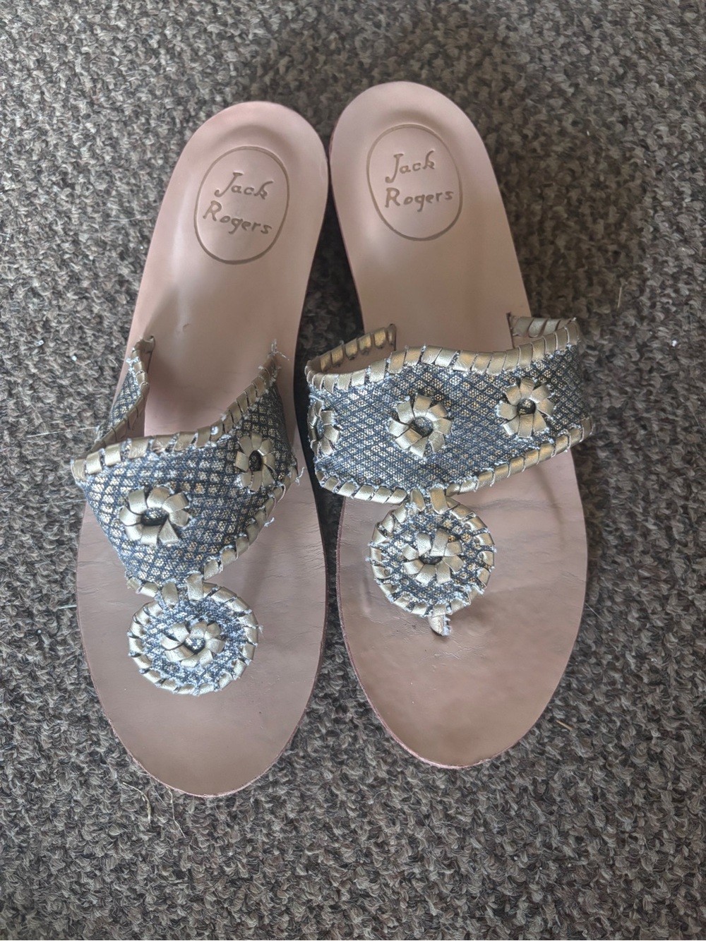 Jack Rogers Leather and Silver Braided Thong Sandals